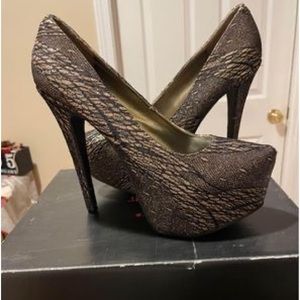 Justfab Black & Gold Lace High Heel Platform Shoes